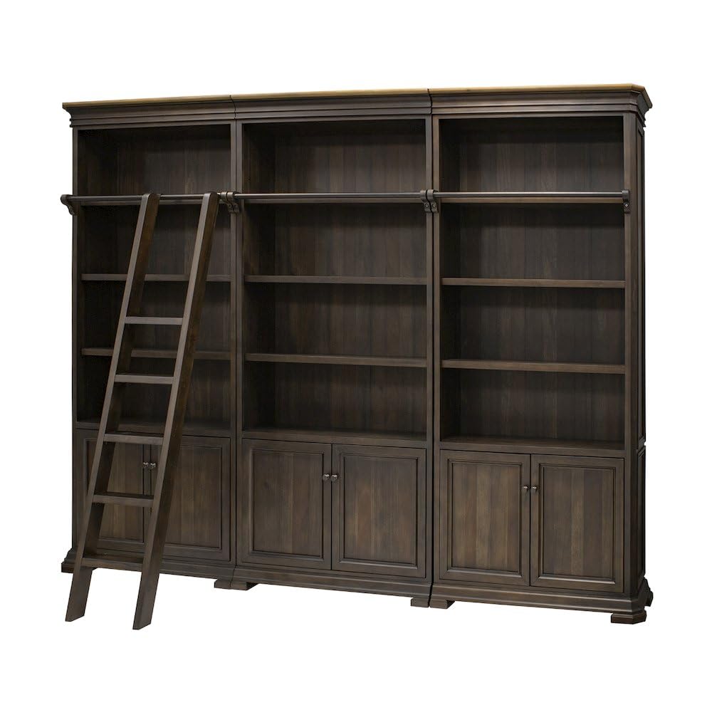 Home Office And Library - Large Brown Wooden Bookcase With Ladder
